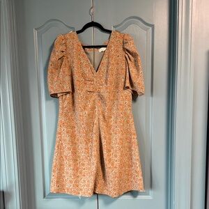 V-Neck Puff-Sleeve Floral Dress in Warm Orange